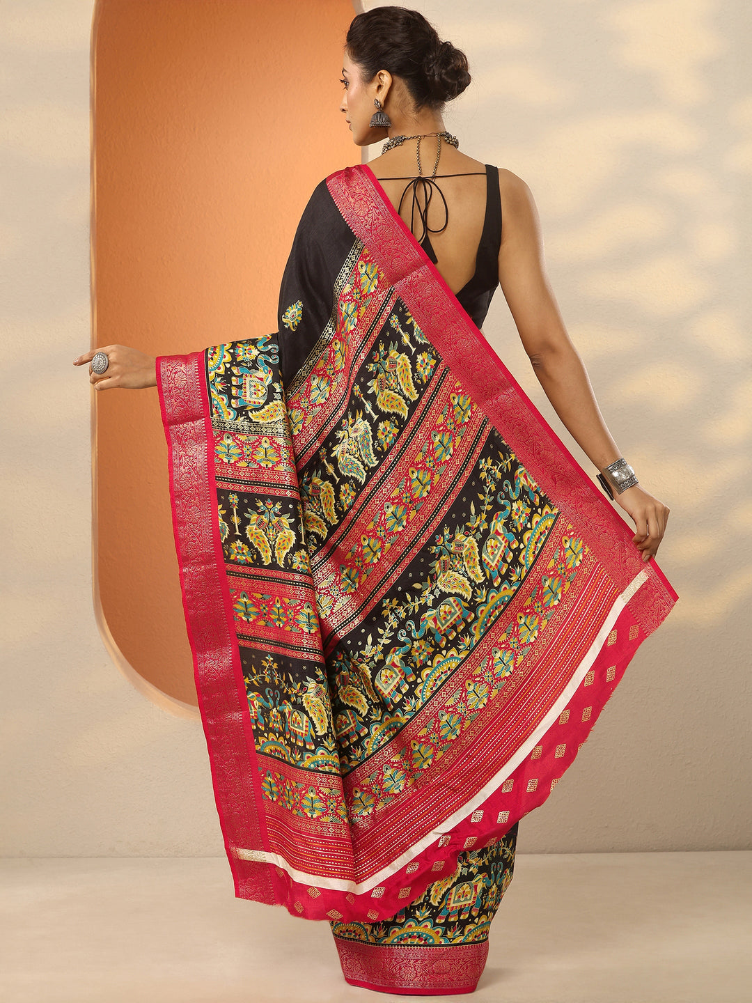  Black Printed Silk Blend Saree With Unstitched Blouse Piece 