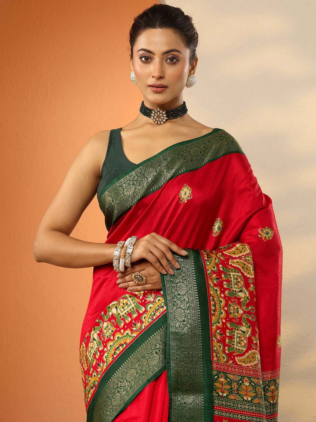  Red Printed Silk Blend Saree With Unstitched Blouse Piece 
