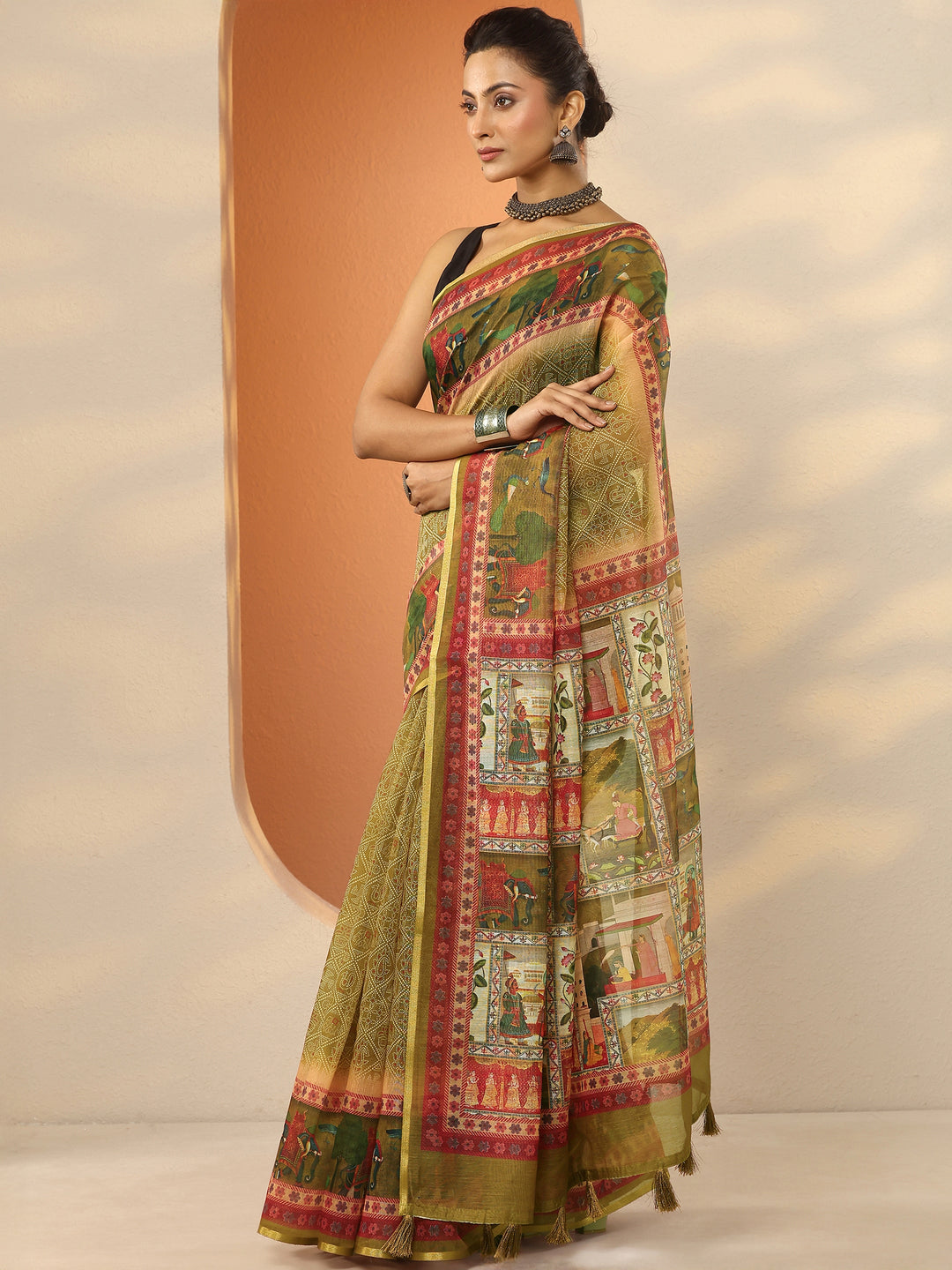  Green Bandhani Printed Silk Blend Saree With Unstitched Blouse Piece 