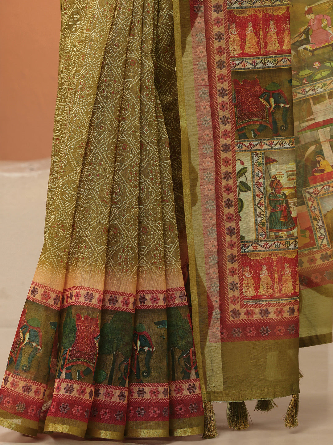  Green Bandhani Printed Silk Blend Saree With Unstitched Blouse Piece 