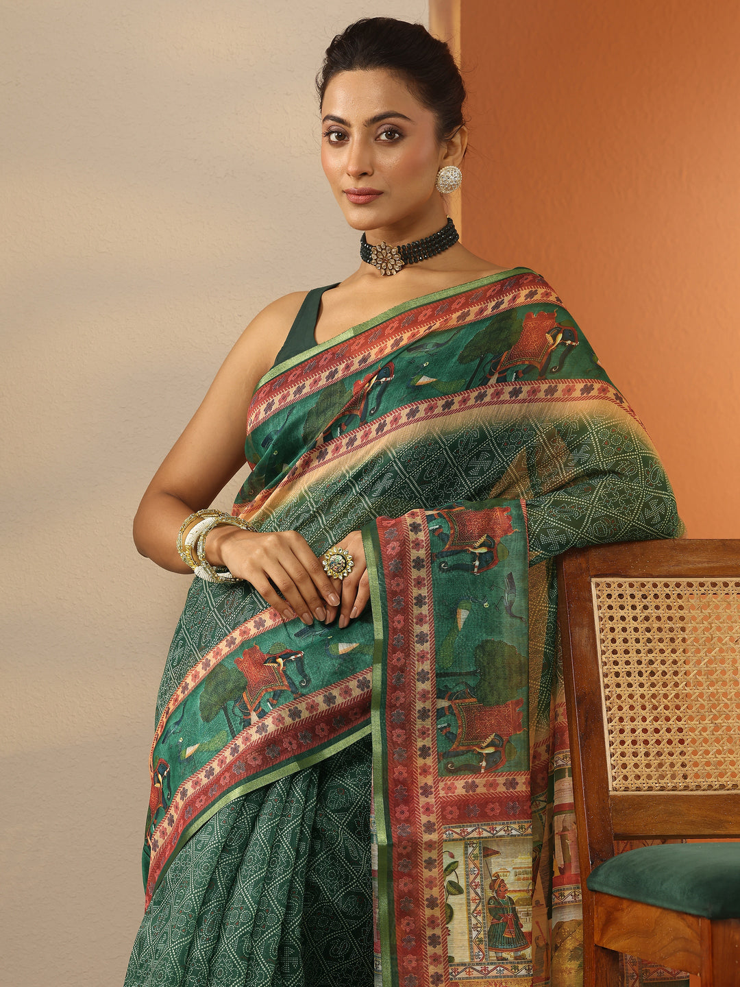  Green Bandhani Printed Silk Blend Saree With Unstitched Blouse Piece 
