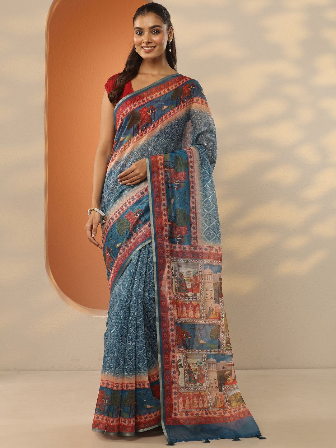  Teal Bandhani Printed Silk Blend Saree With Unstitched Blouse Piece 