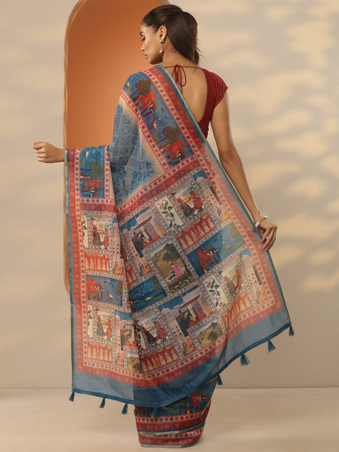  Teal Bandhani Printed Silk Blend Saree With Unstitched Blouse Piece 