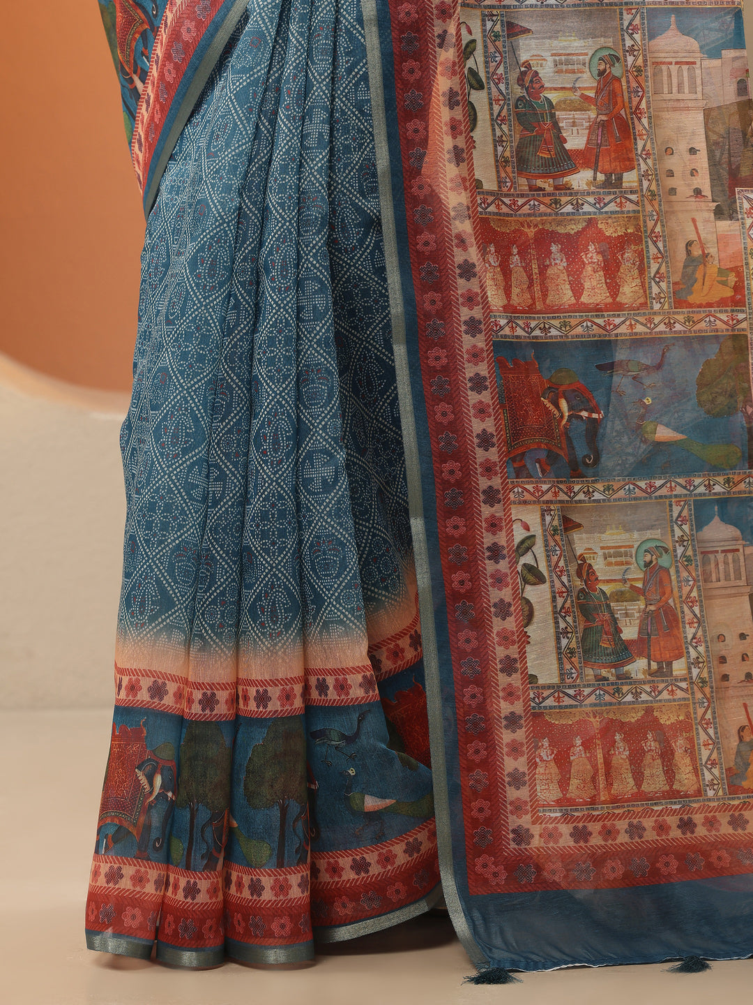  Teal Bandhani Printed Silk Blend Saree With Unstitched Blouse Piece 