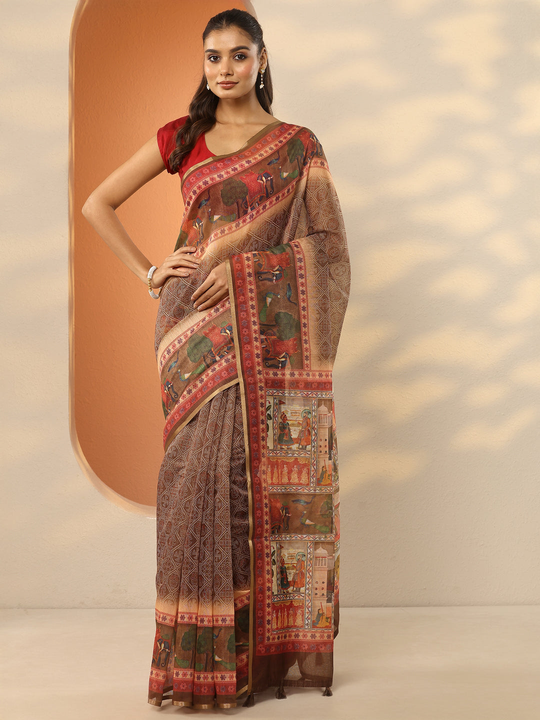  Brown Bandhani Printed Silk Blend Saree With Unstitched Blouse Piece 