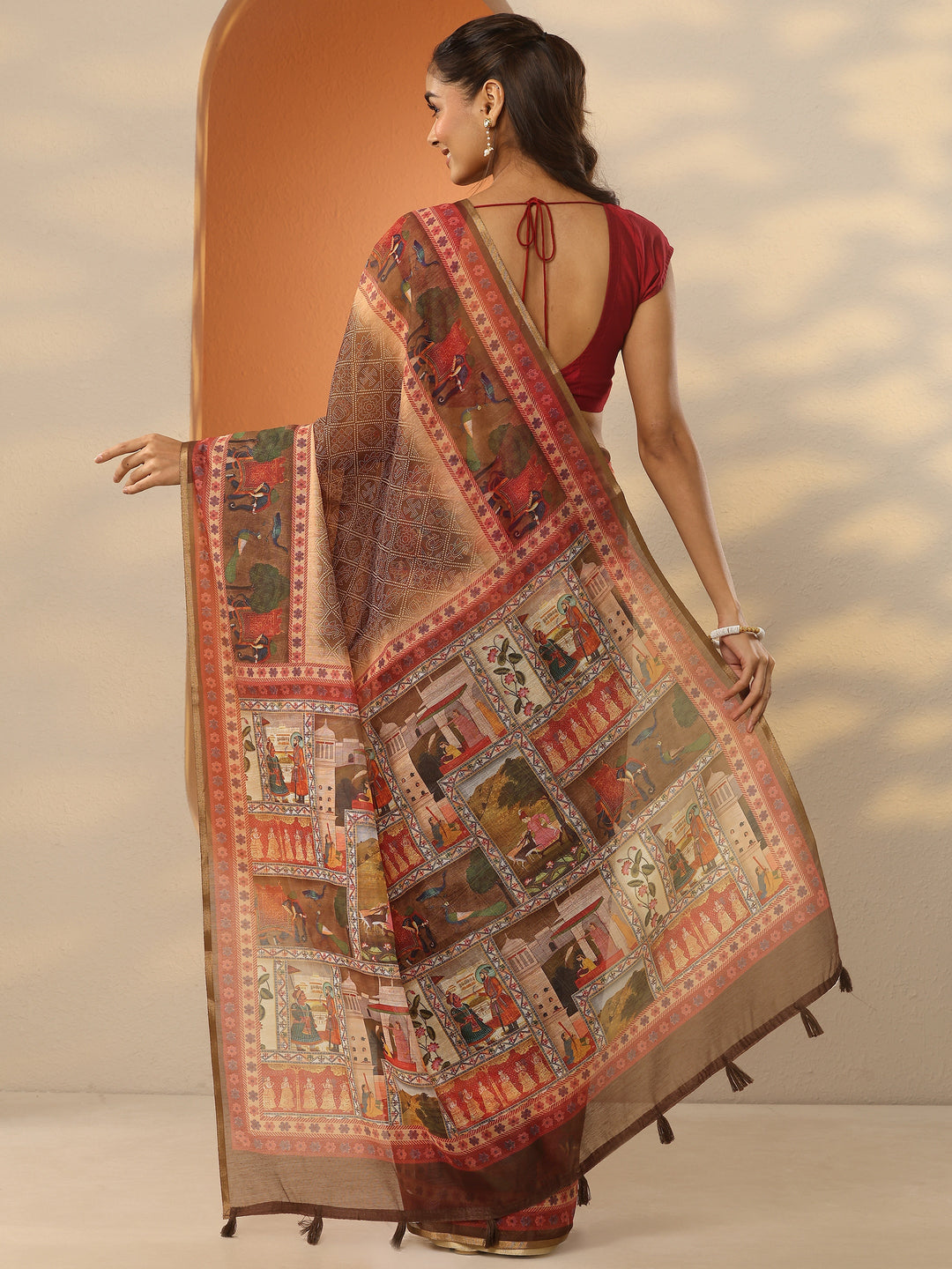  Brown Bandhani Printed Silk Blend Saree With Unstitched Blouse Piece 