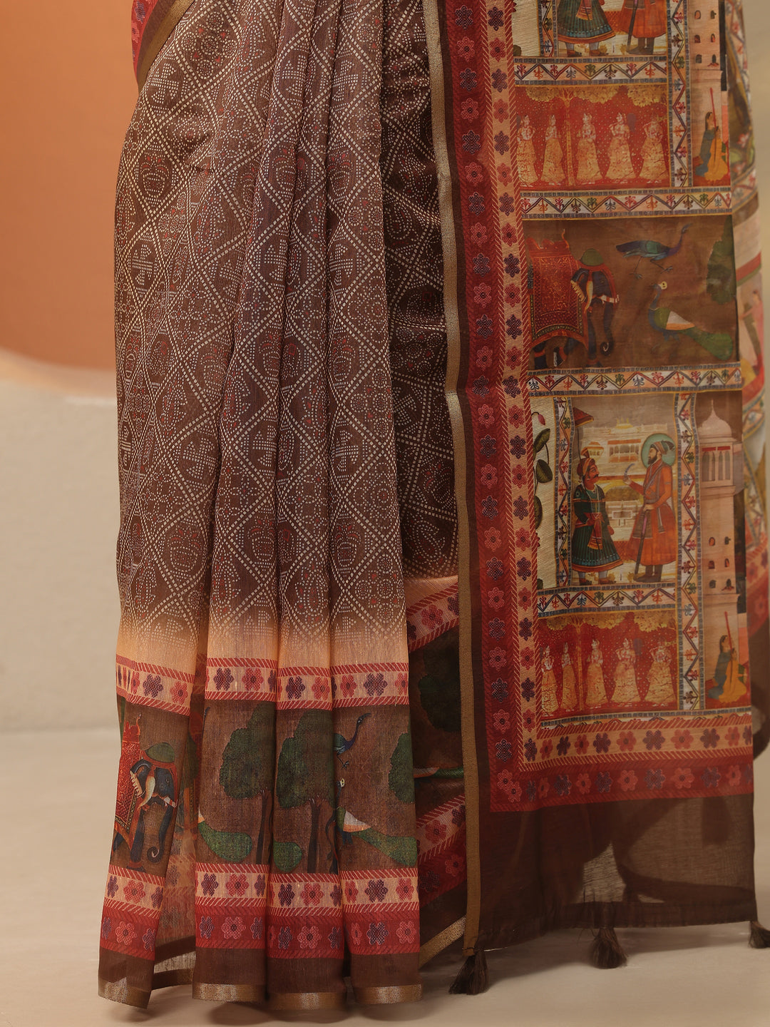  Brown Bandhani Printed Silk Blend Saree With Unstitched Blouse Piece 