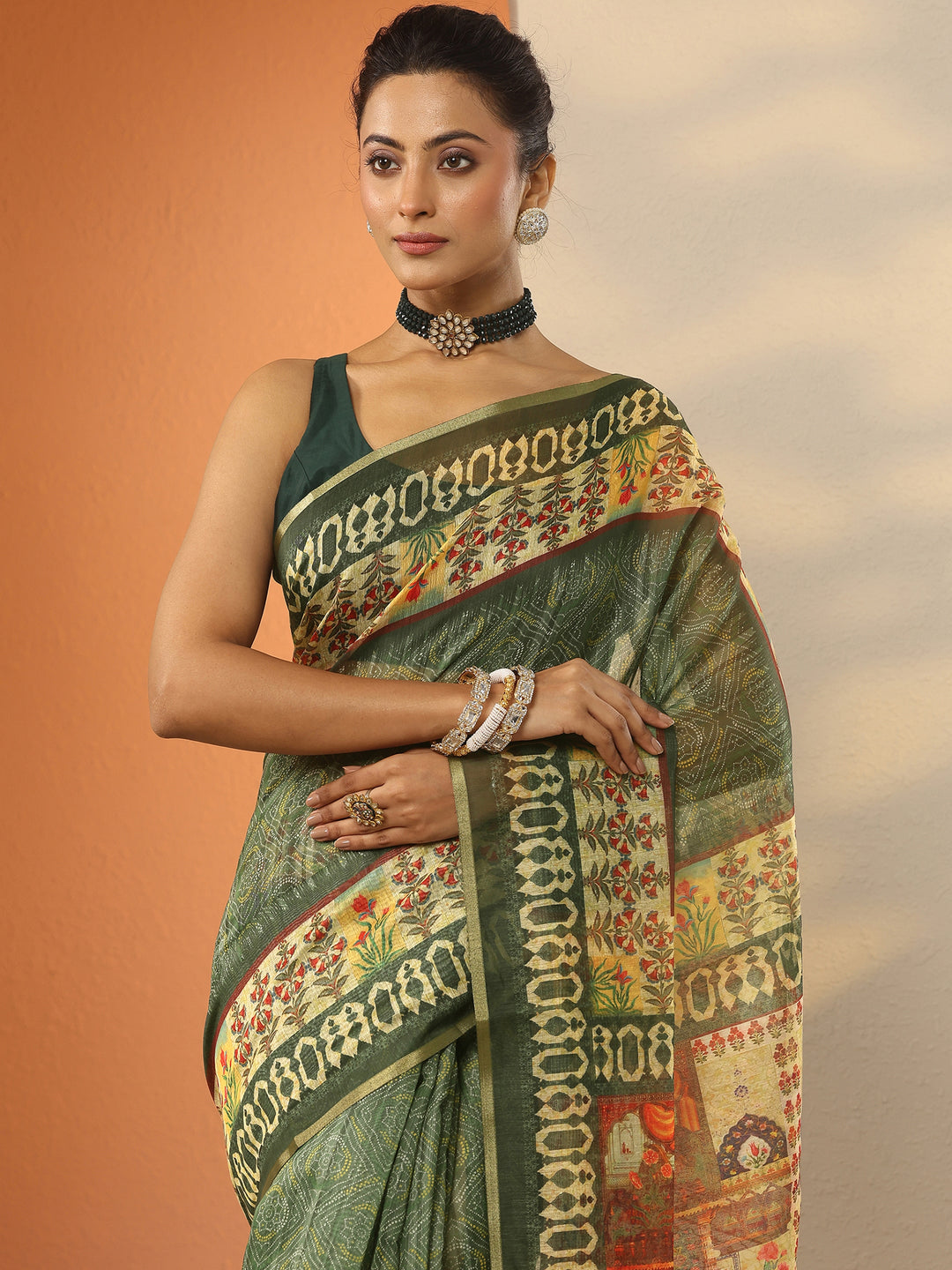  Green Printed Silk Blend Saree With Unstitched Blouse Piece 