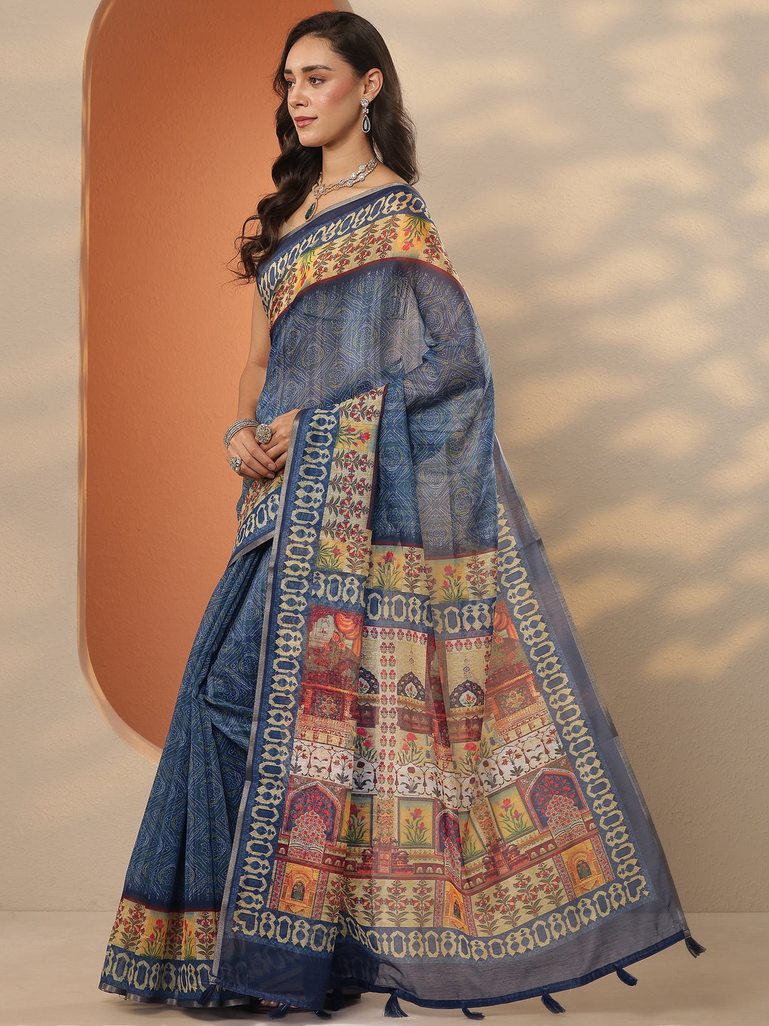 Blue Printed Silk Blend Saree With Unstitched Blouse Piece 