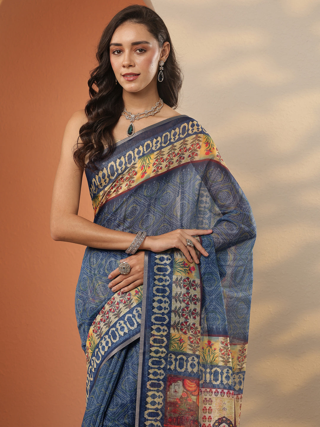  Blue Printed Silk Blend Saree With Unstitched Blouse Piece 