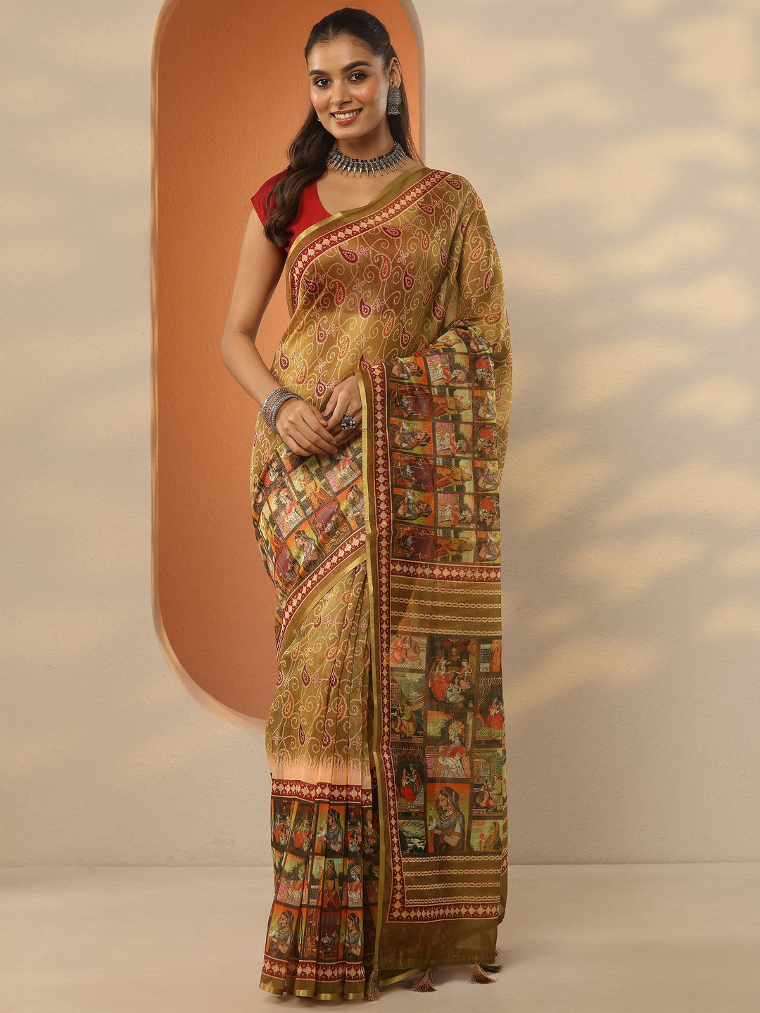  Green Bandhani Printed Silk Blend Saree With Unstitched Blouse Piece 