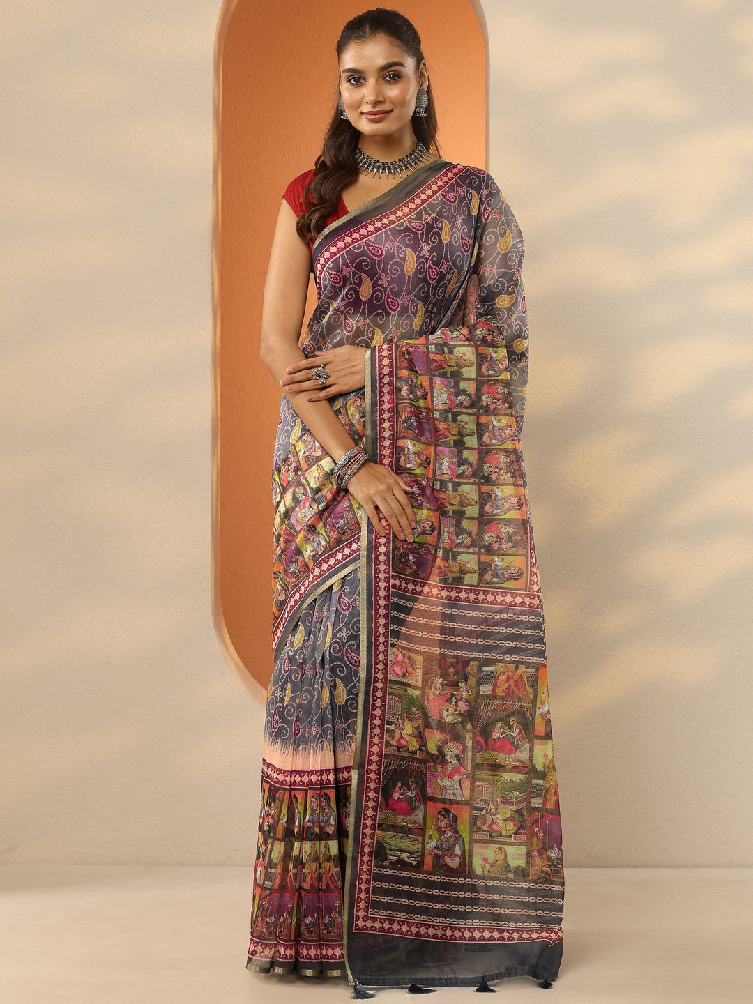  Grey Bandhani Printed Silk Blend Saree With Unstitched Blouse Piece 