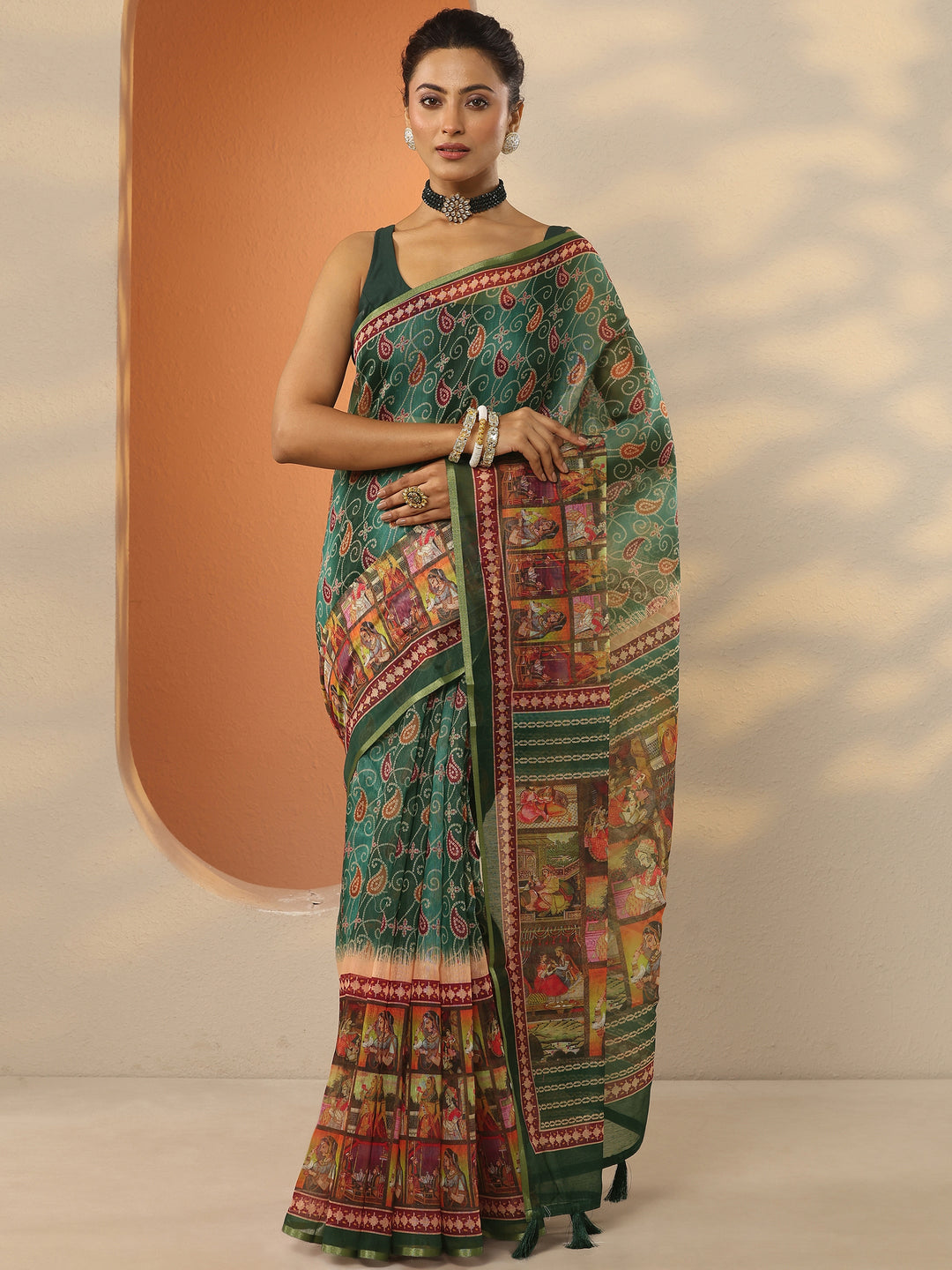  Green Bandhani Printed Silk Blend Saree With Unstitched Blouse Piece 