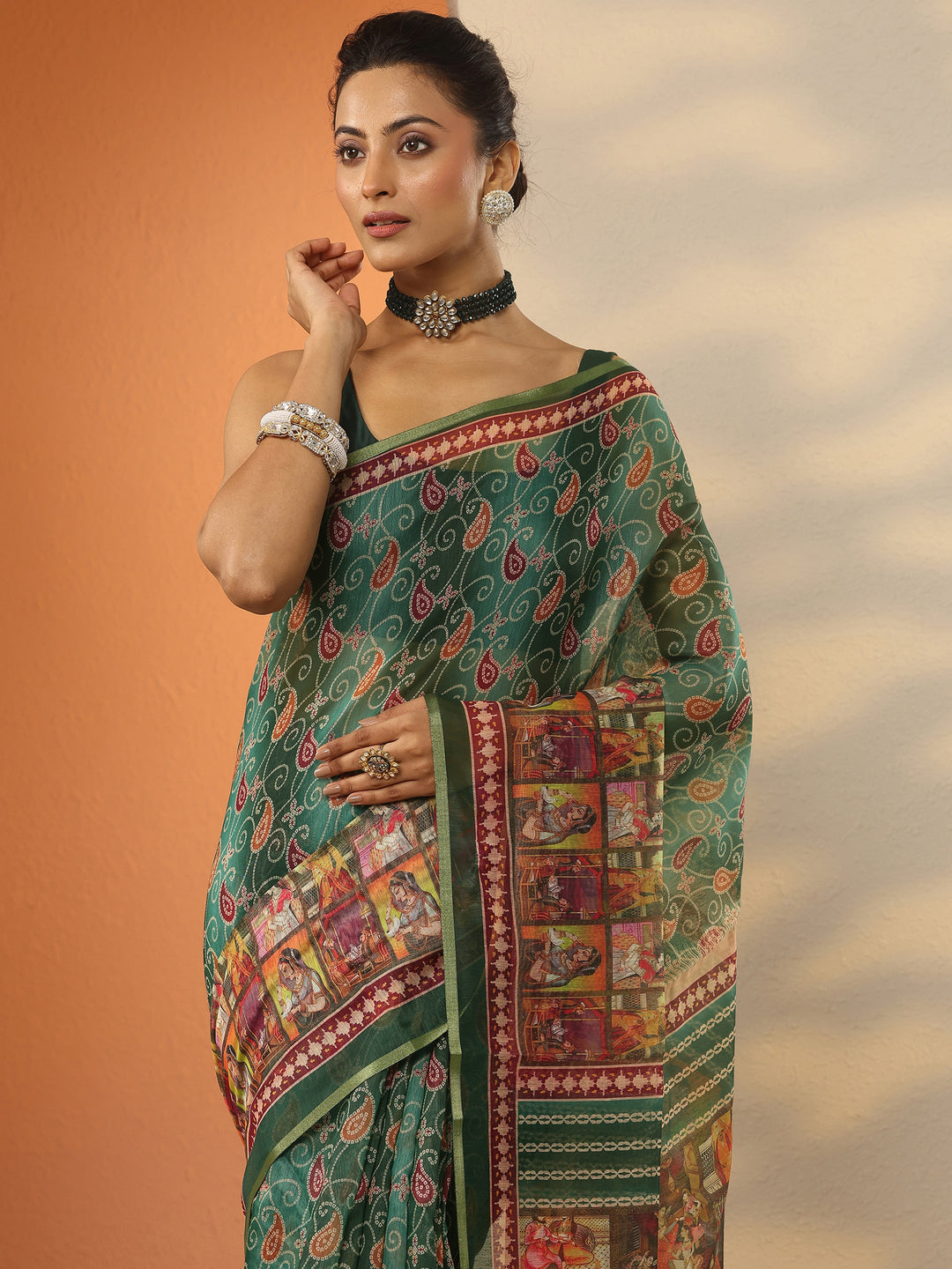  Green Bandhani Printed Silk Blend Saree With Unstitched Blouse Piece 