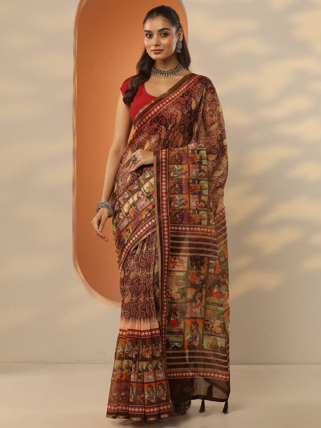  Brown Bandhani Printed Silk Blend Saree With Unstitched Blouse Piece 