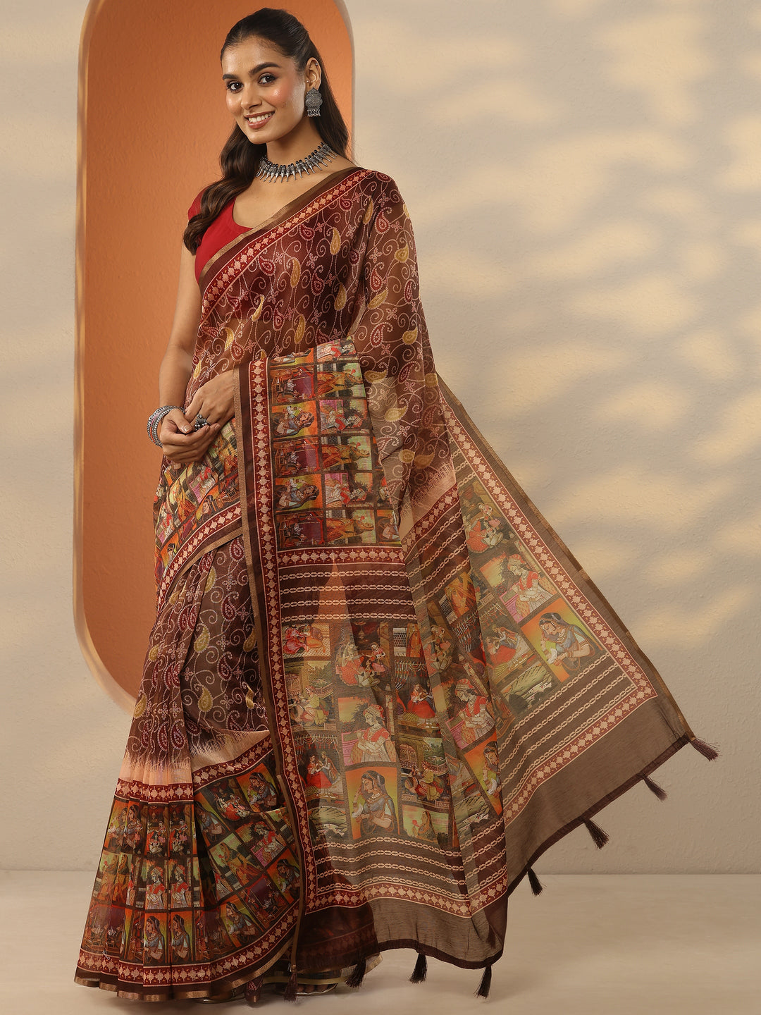  Brown Bandhani Printed Silk Blend Saree With Unstitched Blouse Piece 