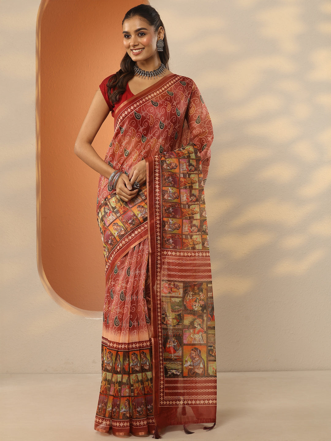  Rust Bandhani Printed Silk Blend Saree With Unstitched Blouse Piece 