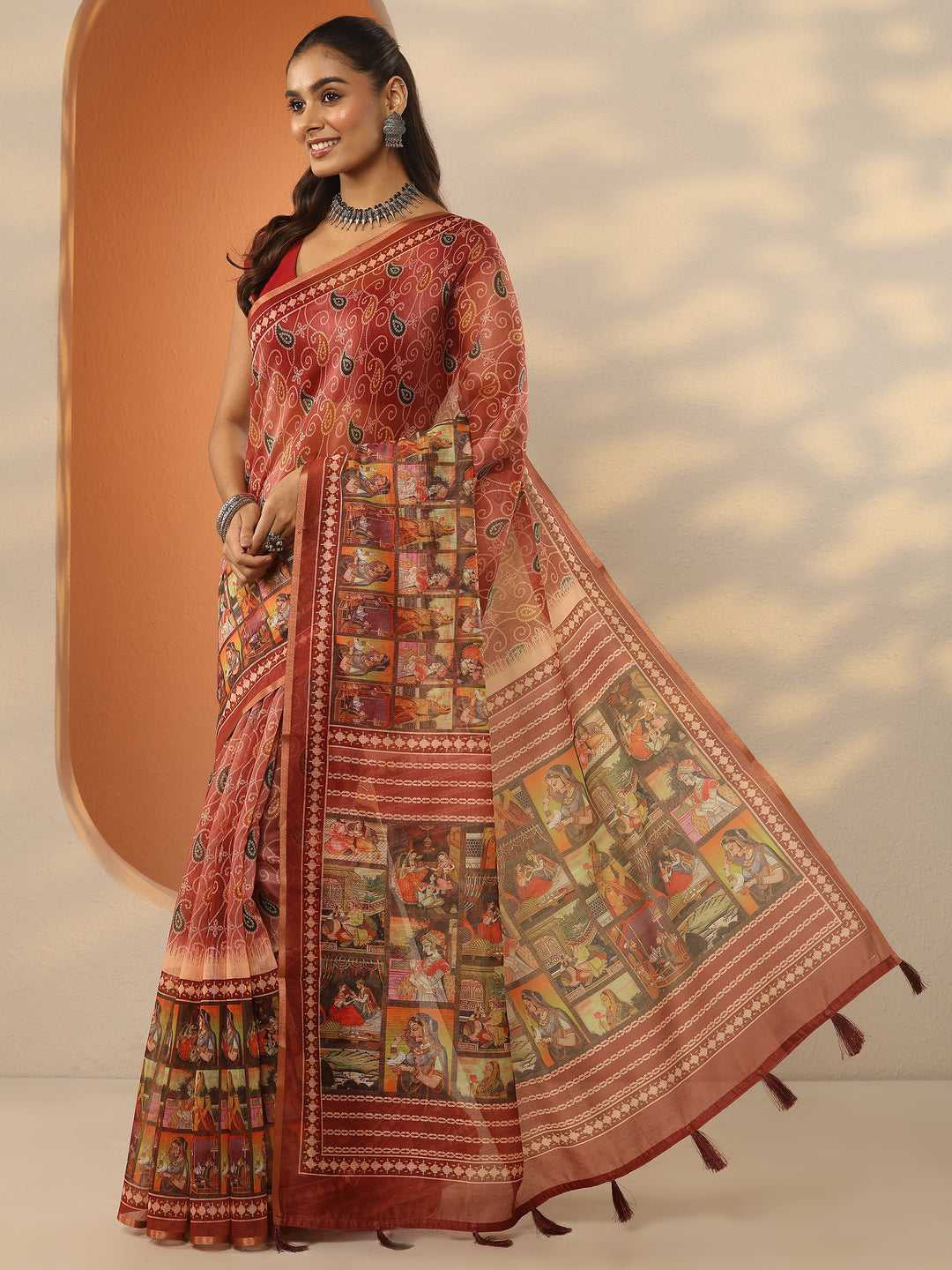  Rust Bandhani Printed Silk Blend Saree With Unstitched Blouse Piece 