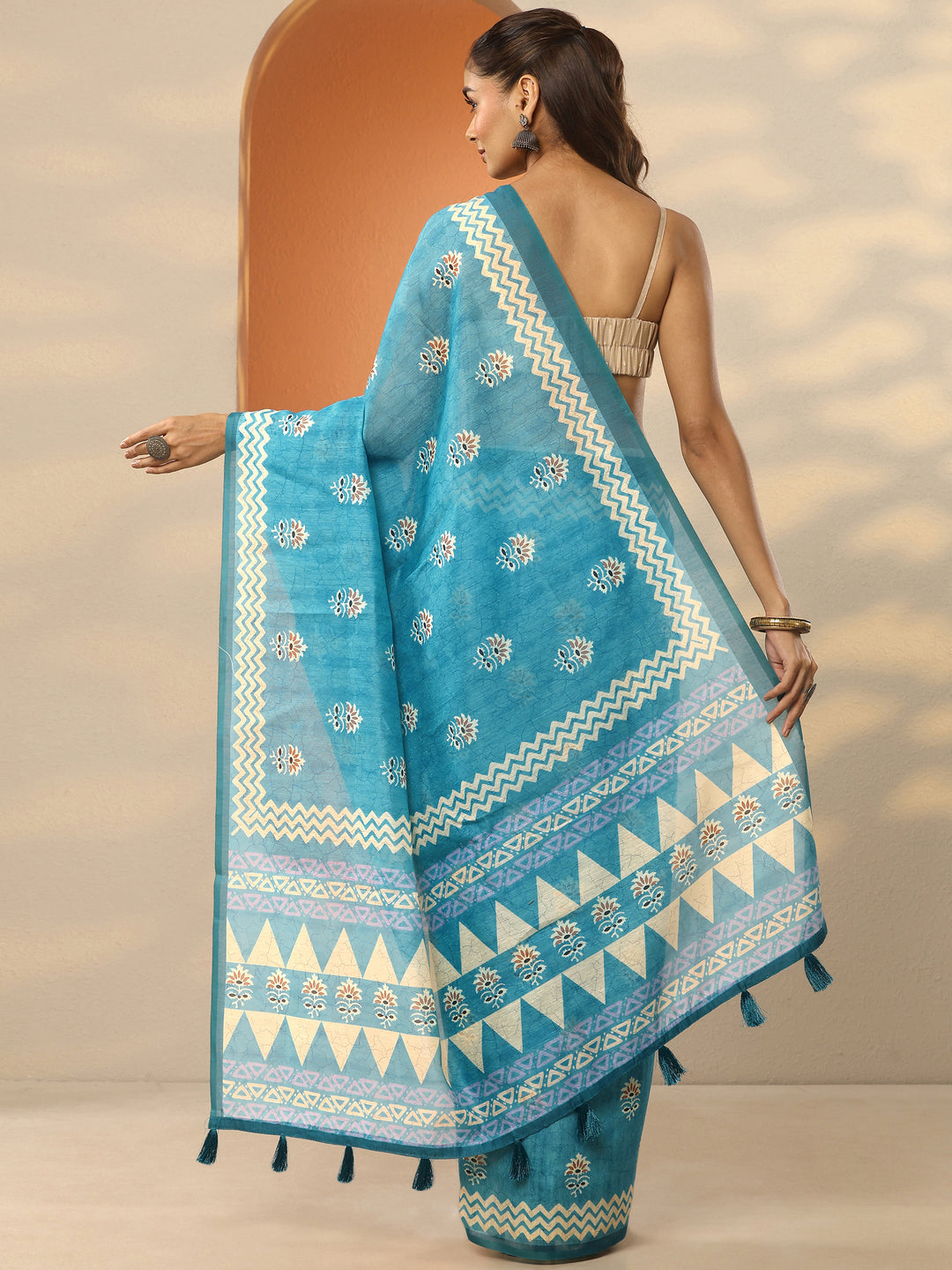  Blue Printed Silk Blend Saree With Unstitched Blouse Piece 