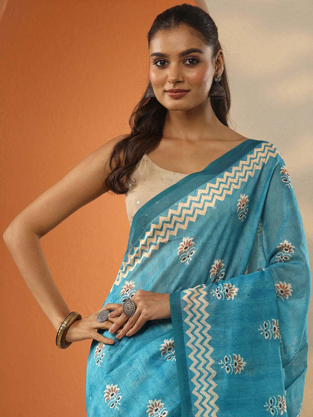  Blue Printed Silk Blend Saree With Unstitched Blouse Piece 