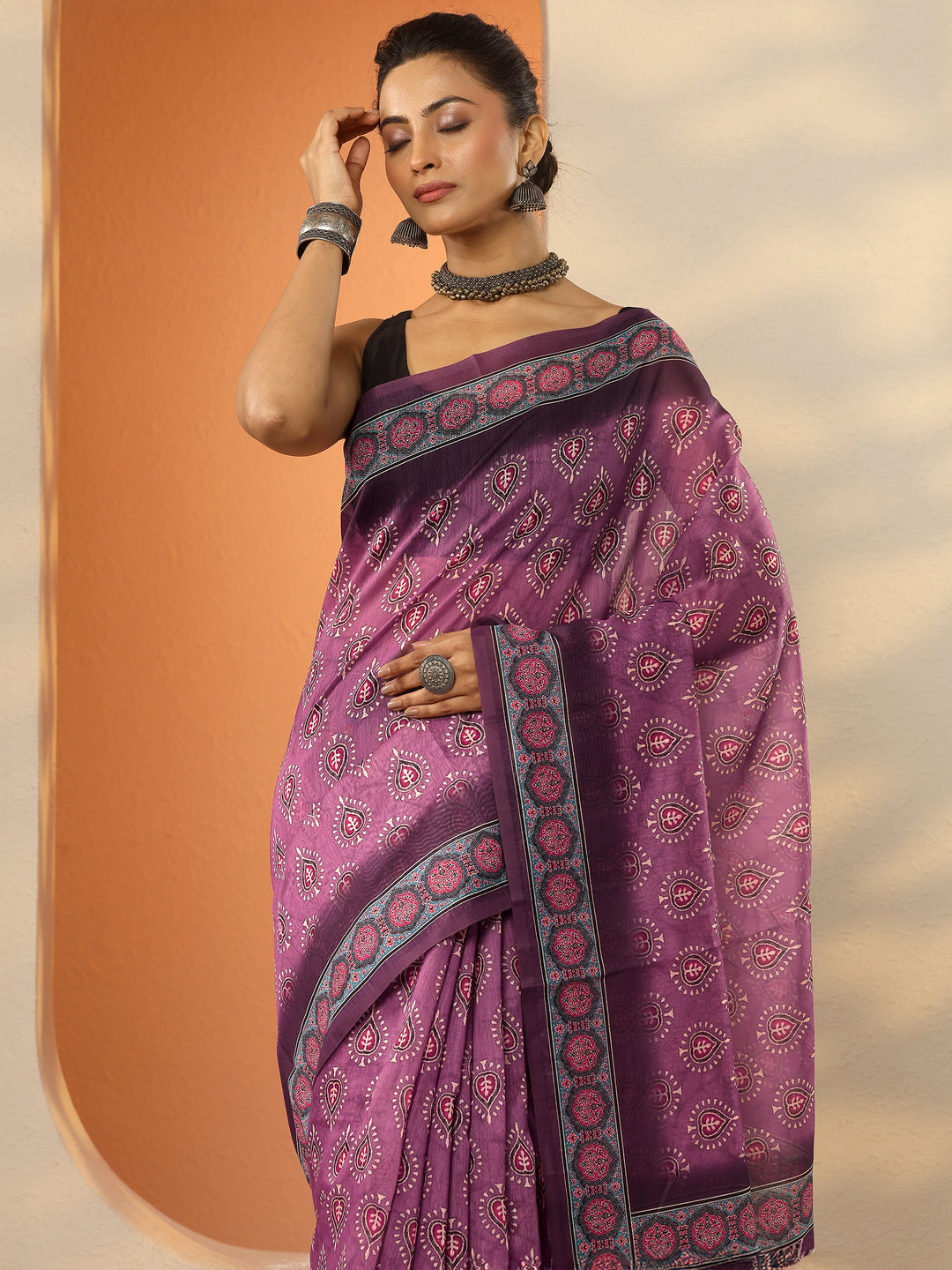  Mauve Printed Silk Blend Saree With Unstitched Blouse Piece 