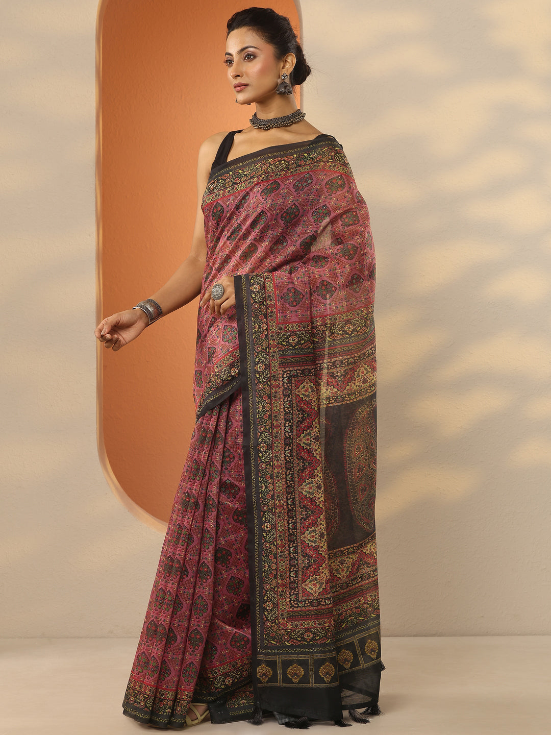  Multi Printed Silk Blend Saree With Unstitched Blouse Piece 