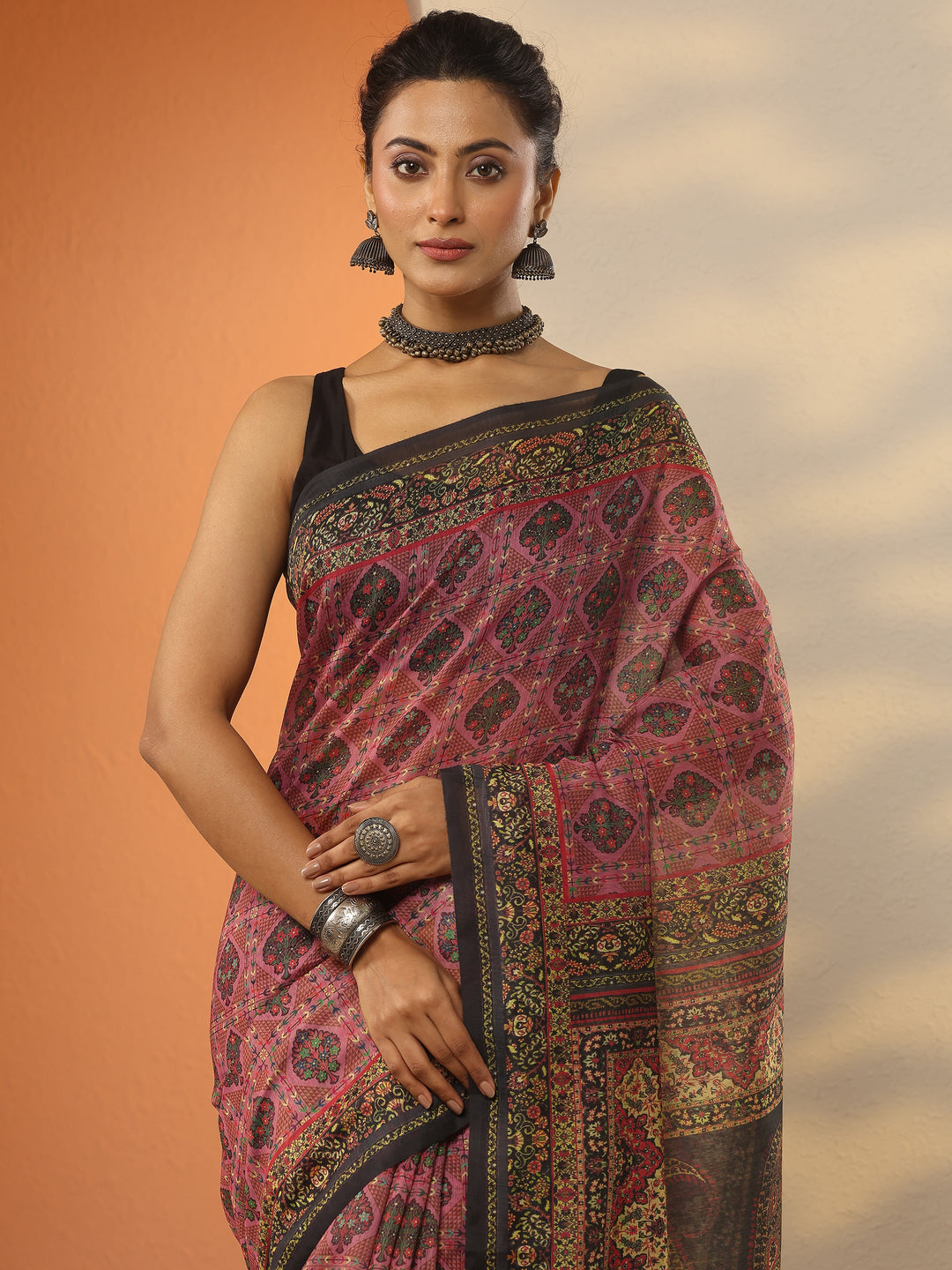 Multi Printed Silk Blend Saree With Unstitched Blouse Piece 