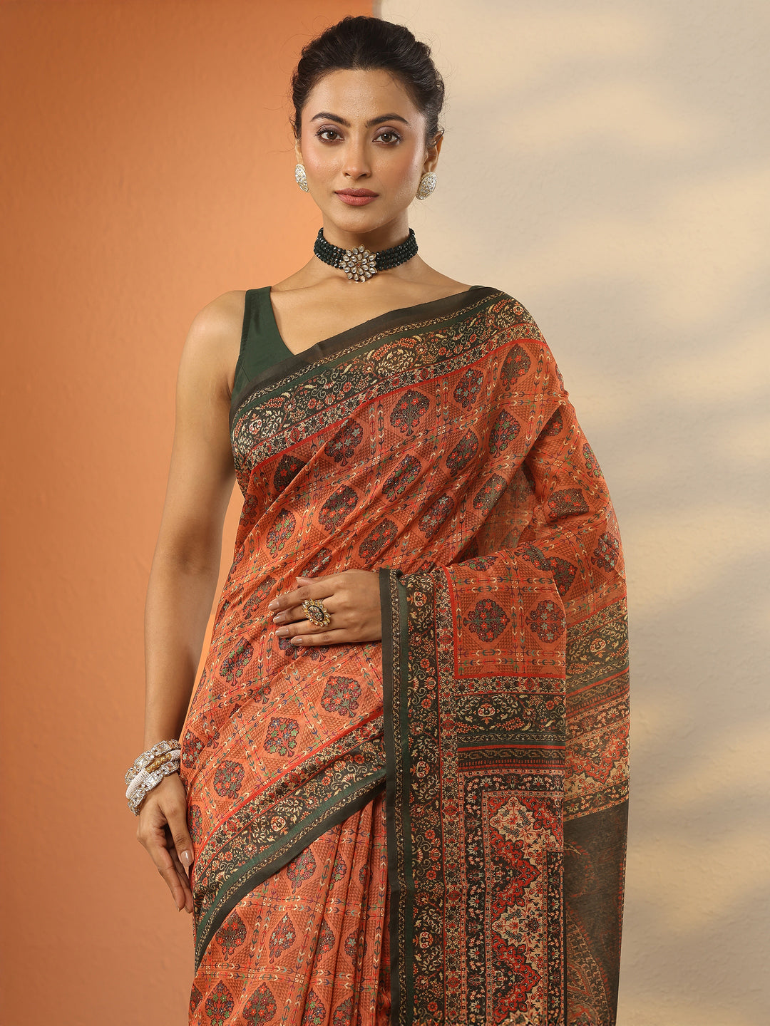  Multi Printed Silk Blend Saree With Unstitched Blouse Piece 