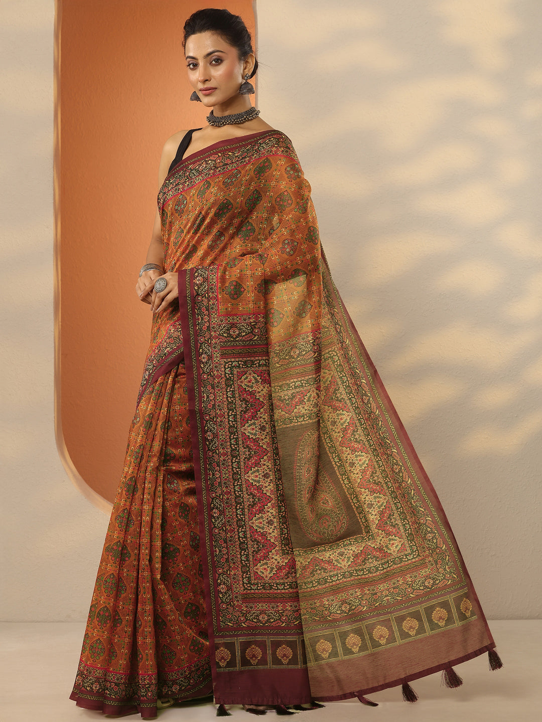 Beige Printed Silk Blend A-Line Kurti