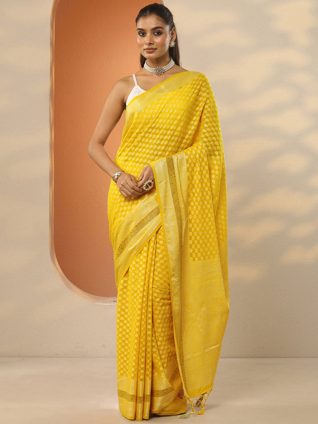  Yellow Woven Design Pure Georgette Saree With Unstitched Blouse Piece 