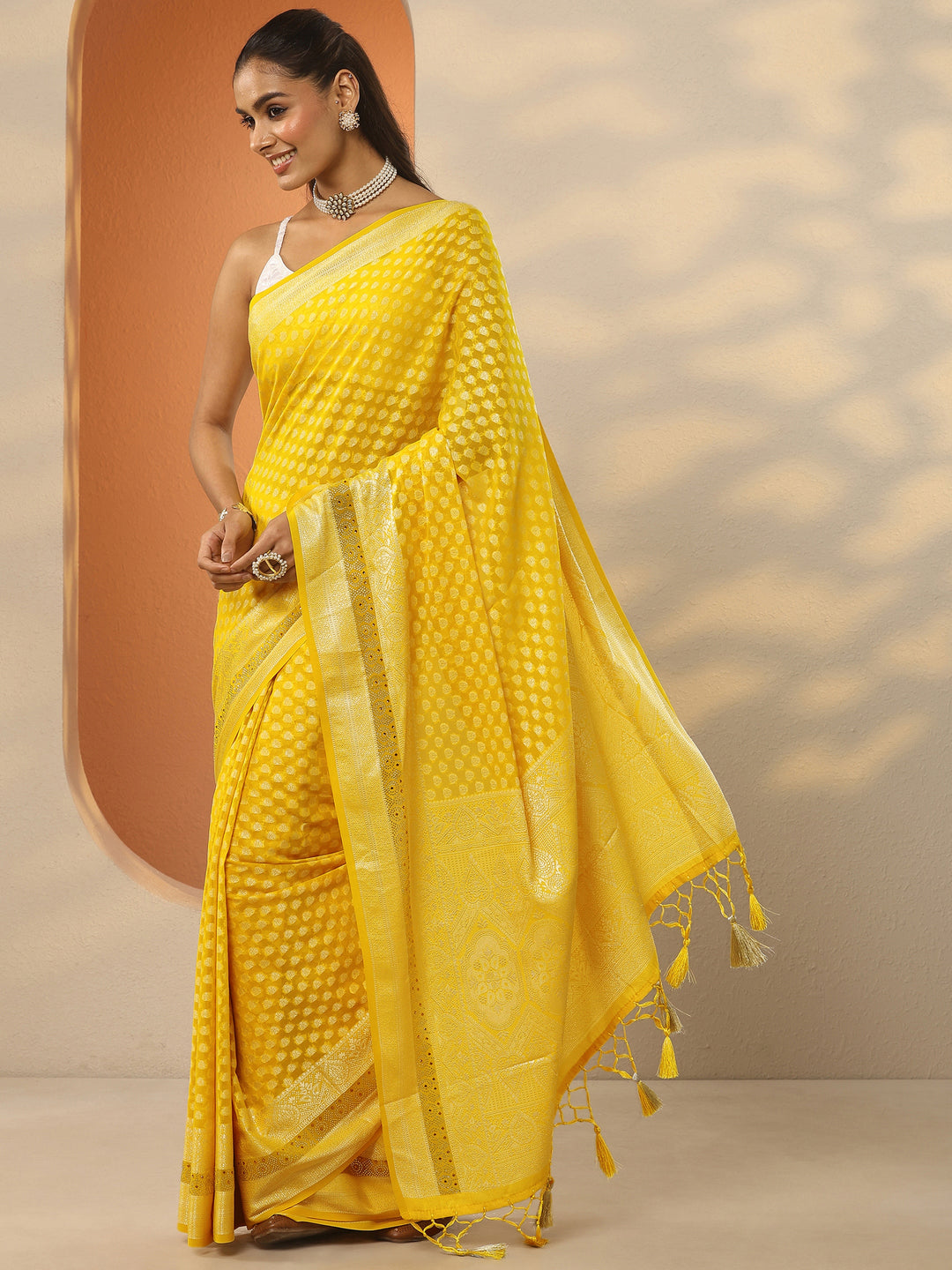  Yellow Woven Design Pure Georgette Saree With Unstitched Blouse Piece 