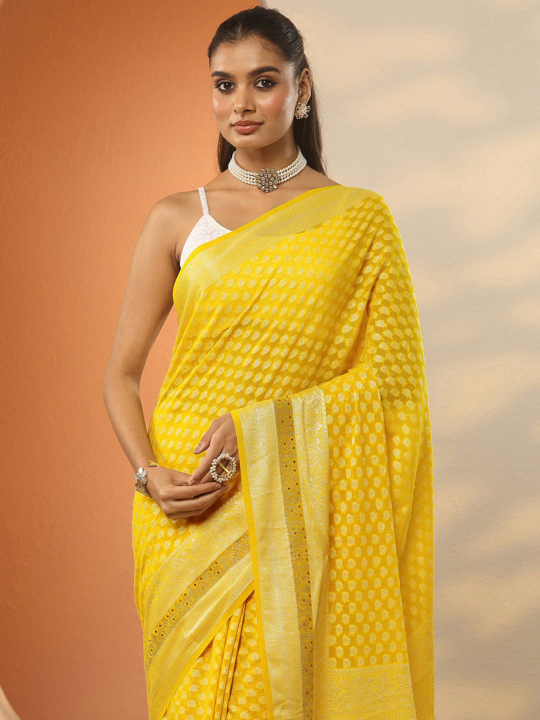  Yellow Woven Design Pure Georgette Saree With Unstitched Blouse Piece 