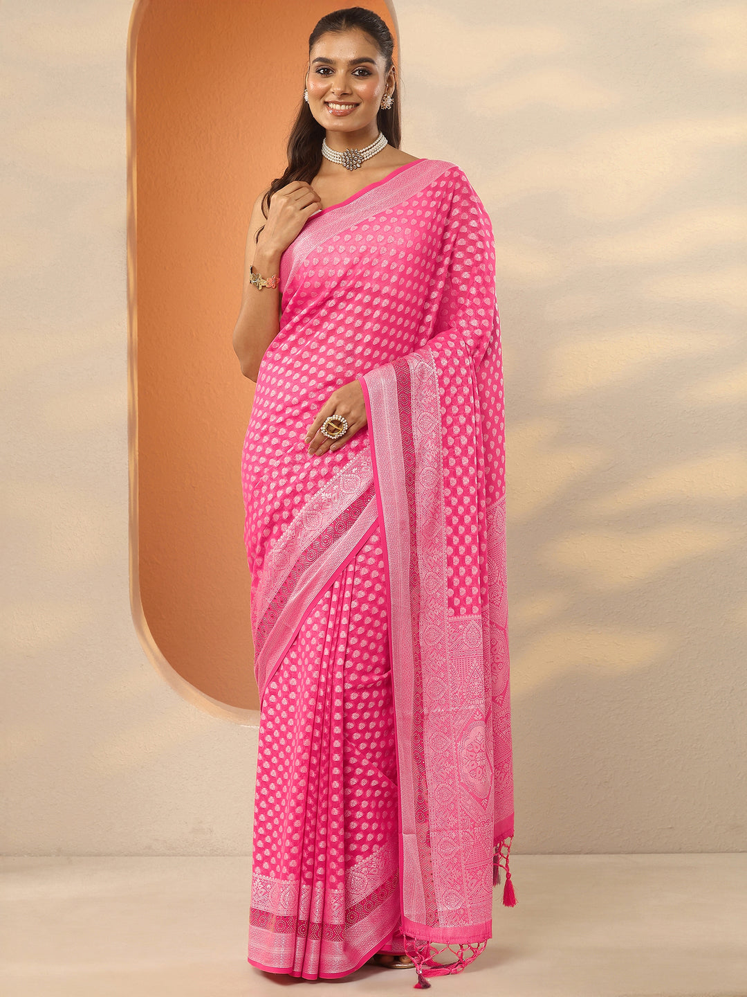  Pink Woven Design Pure Georgette Saree With Unstitched Blouse Piece 