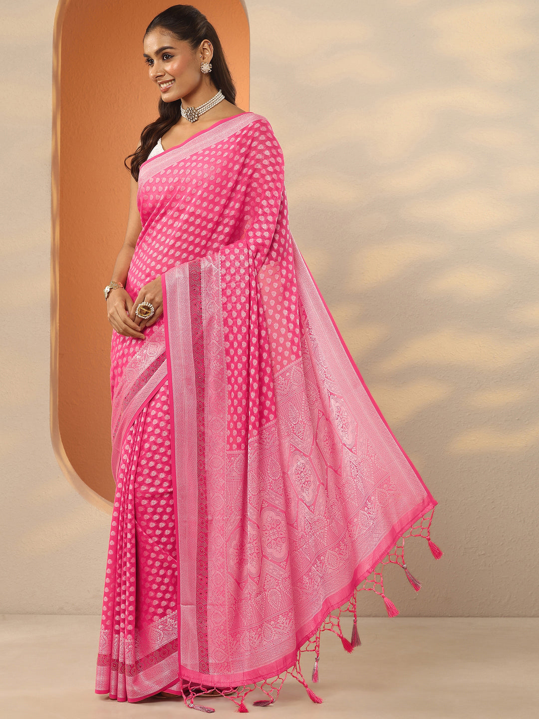  Pink Woven Design Pure Georgette Saree With Unstitched Blouse Piece 