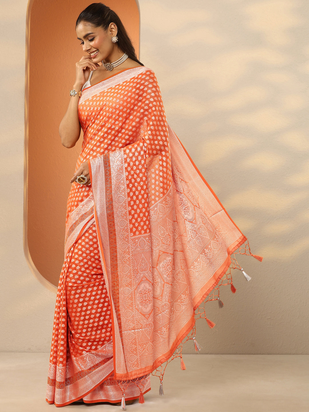  Orange Woven Design Pure Georgette Saree With Unstitched Blouse Piece 