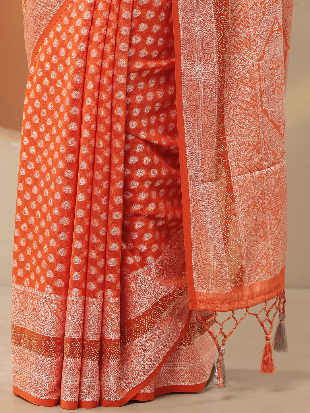  Orange Woven Design Pure Georgette Saree With Unstitched Blouse Piece 
