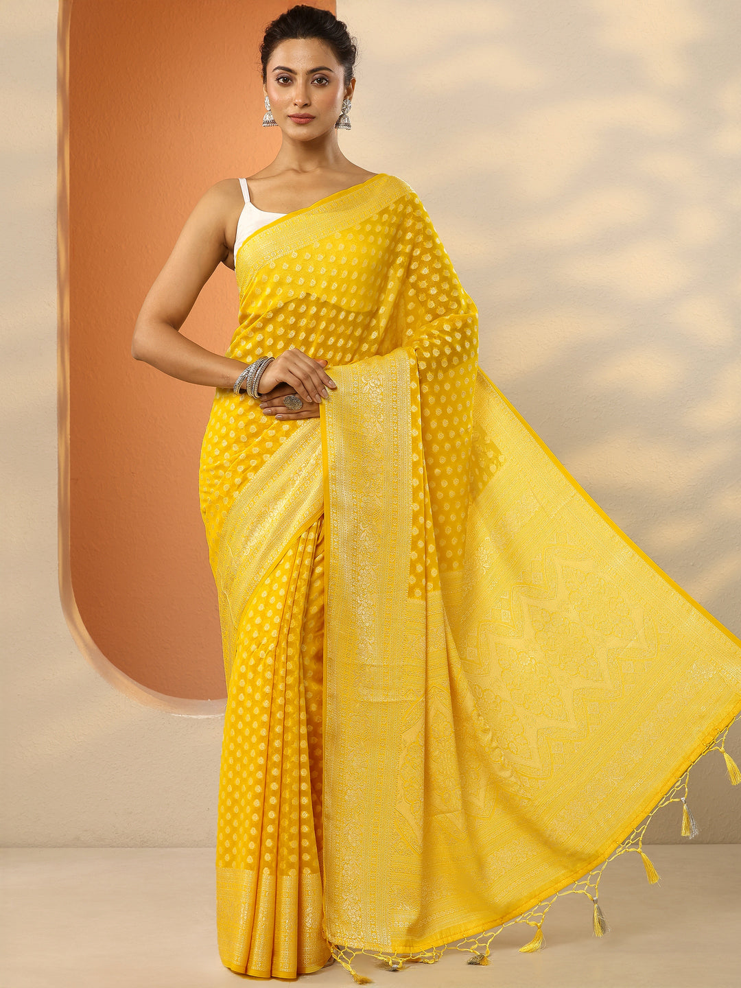  Yellow Woven Design Pure Georgette Saree With Unstitched Blouse Piece 