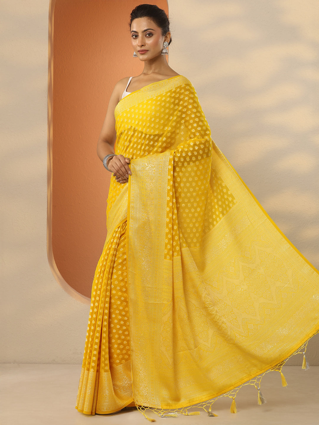  Yellow Woven Design Pure Georgette Saree With Unstitched Blouse Piece 