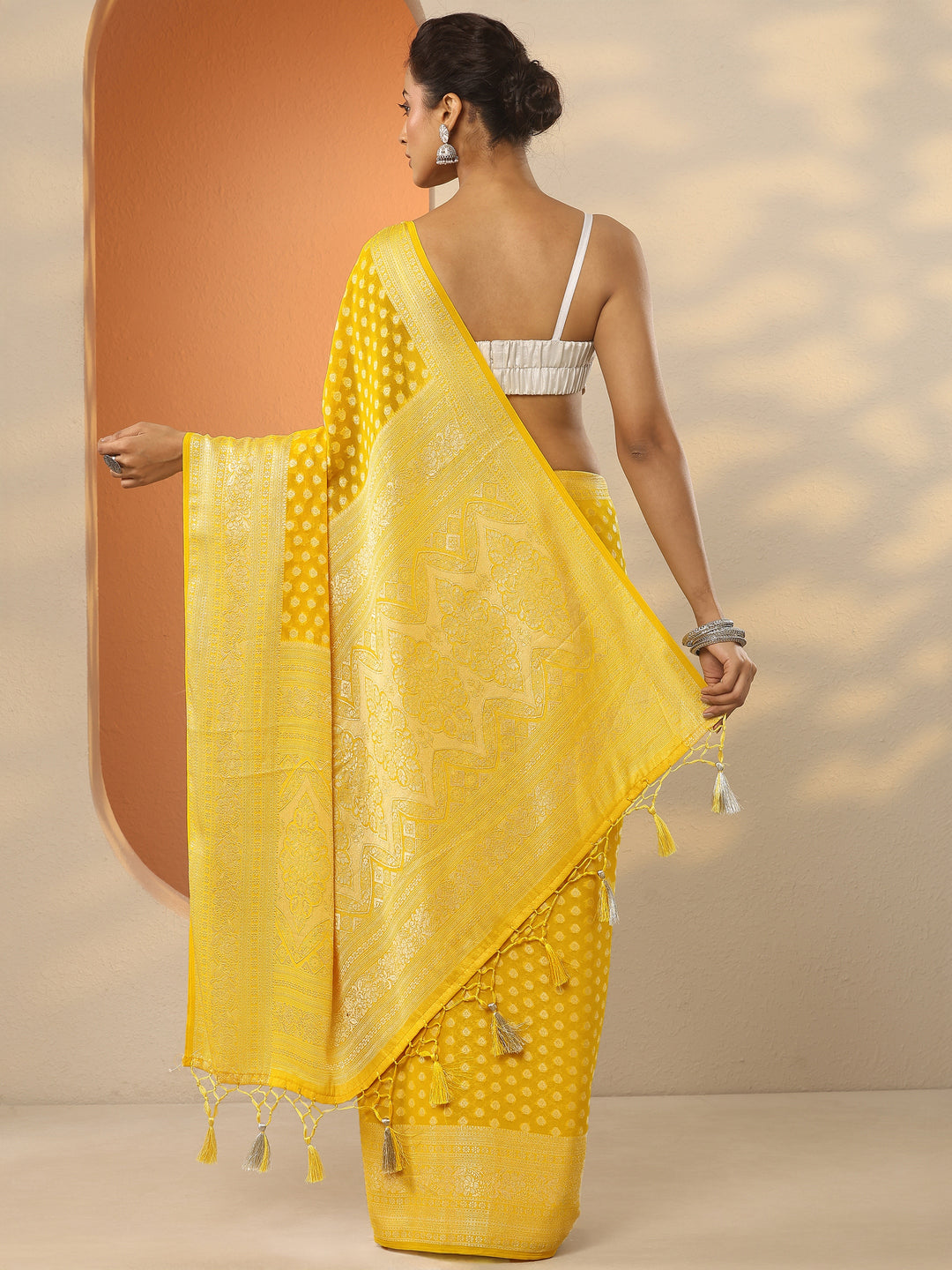  Yellow Woven Design Pure Georgette Saree With Unstitched Blouse Piece 