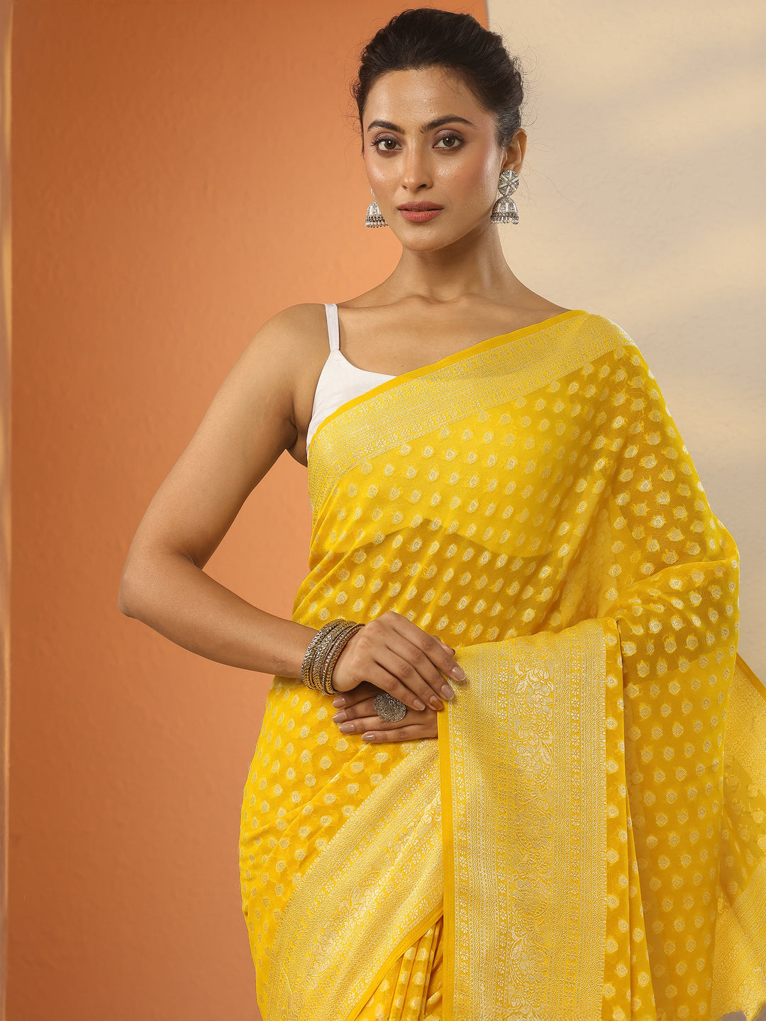  Yellow Woven Design Pure Georgette Saree With Unstitched Blouse Piece 