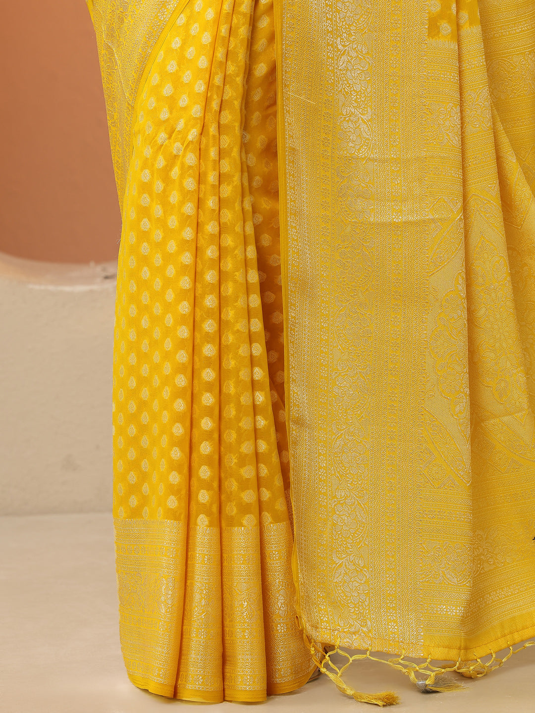  Yellow Woven Design Pure Georgette Saree With Unstitched Blouse Piece 
