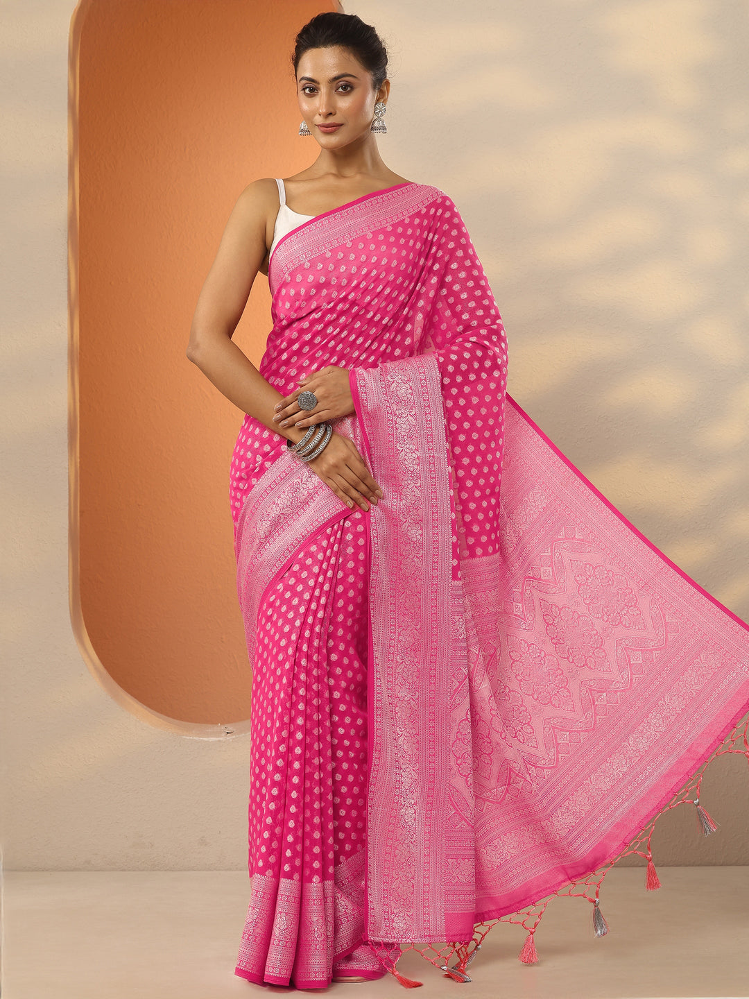  Pink Woven Design Pure Georgette Saree With Unstitched Blouse Piece 