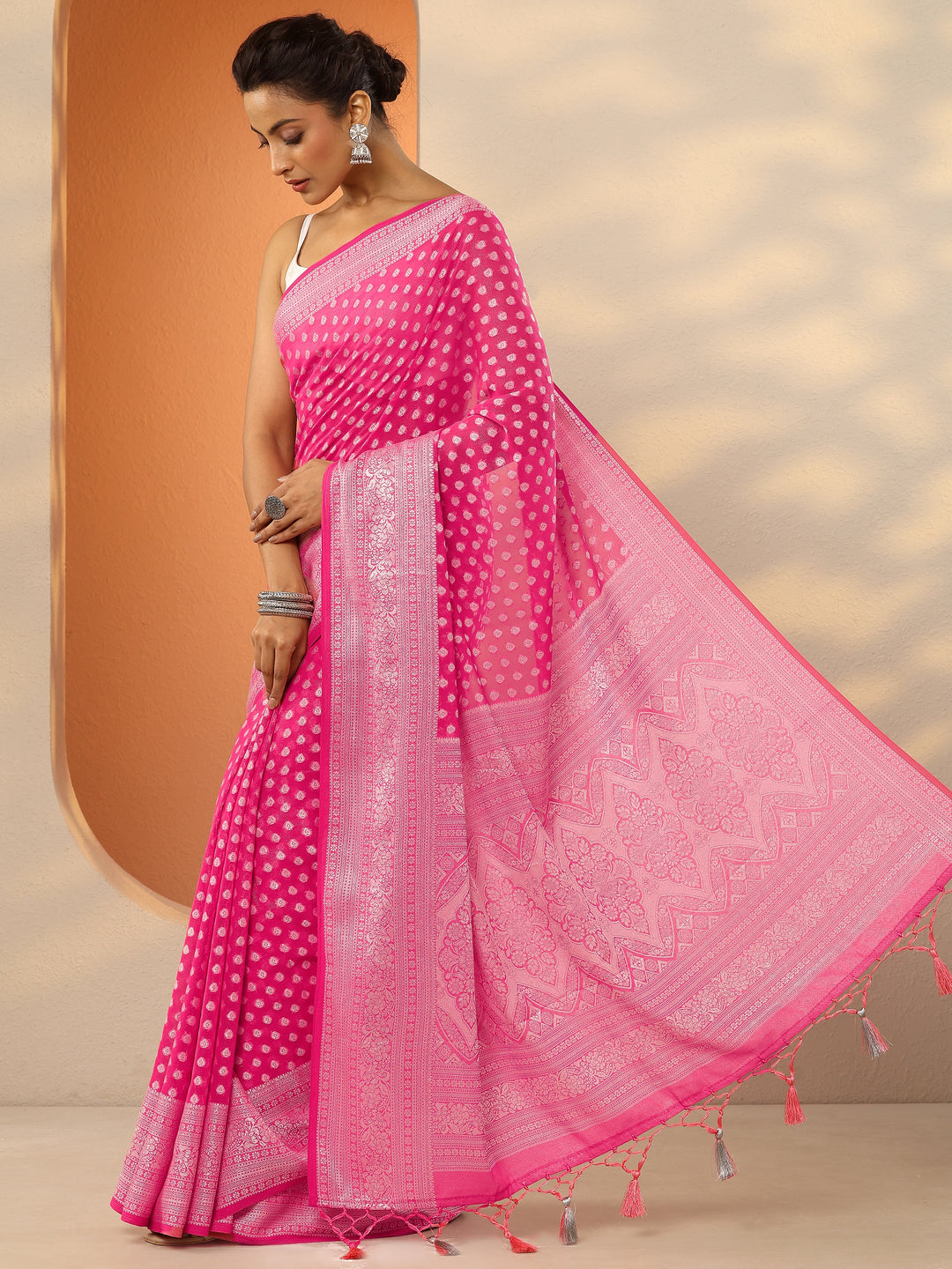  Pink Woven Design Pure Georgette Saree With Unstitched Blouse Piece 