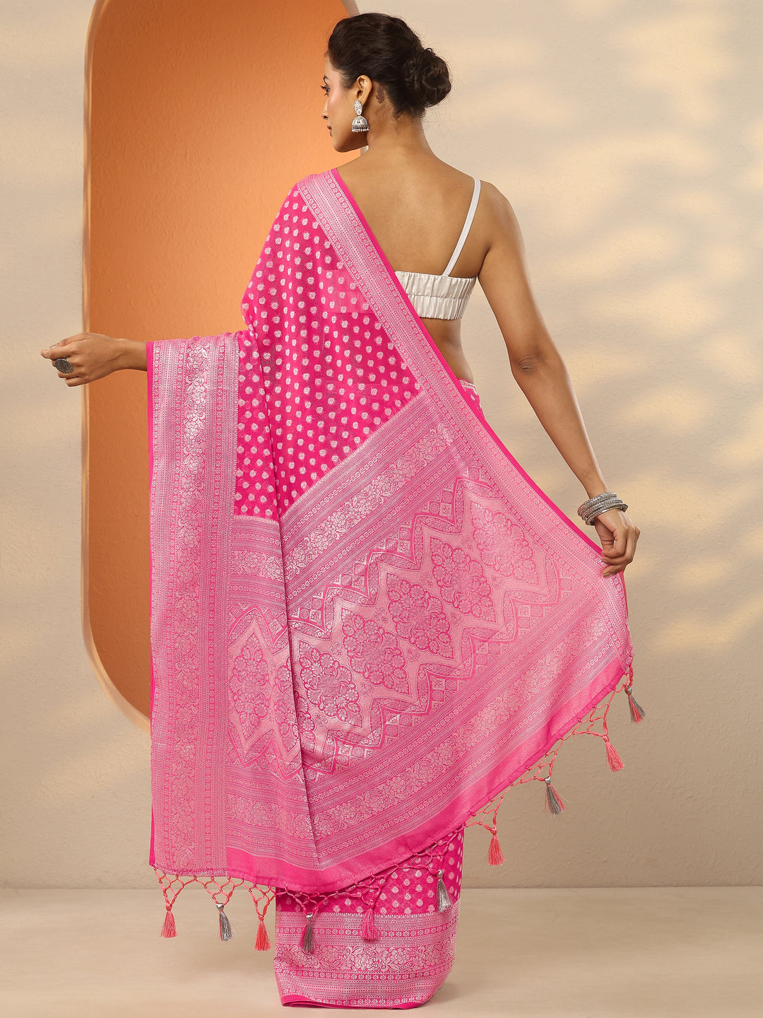  Pink Woven Design Pure Georgette Saree With Unstitched Blouse Piece 