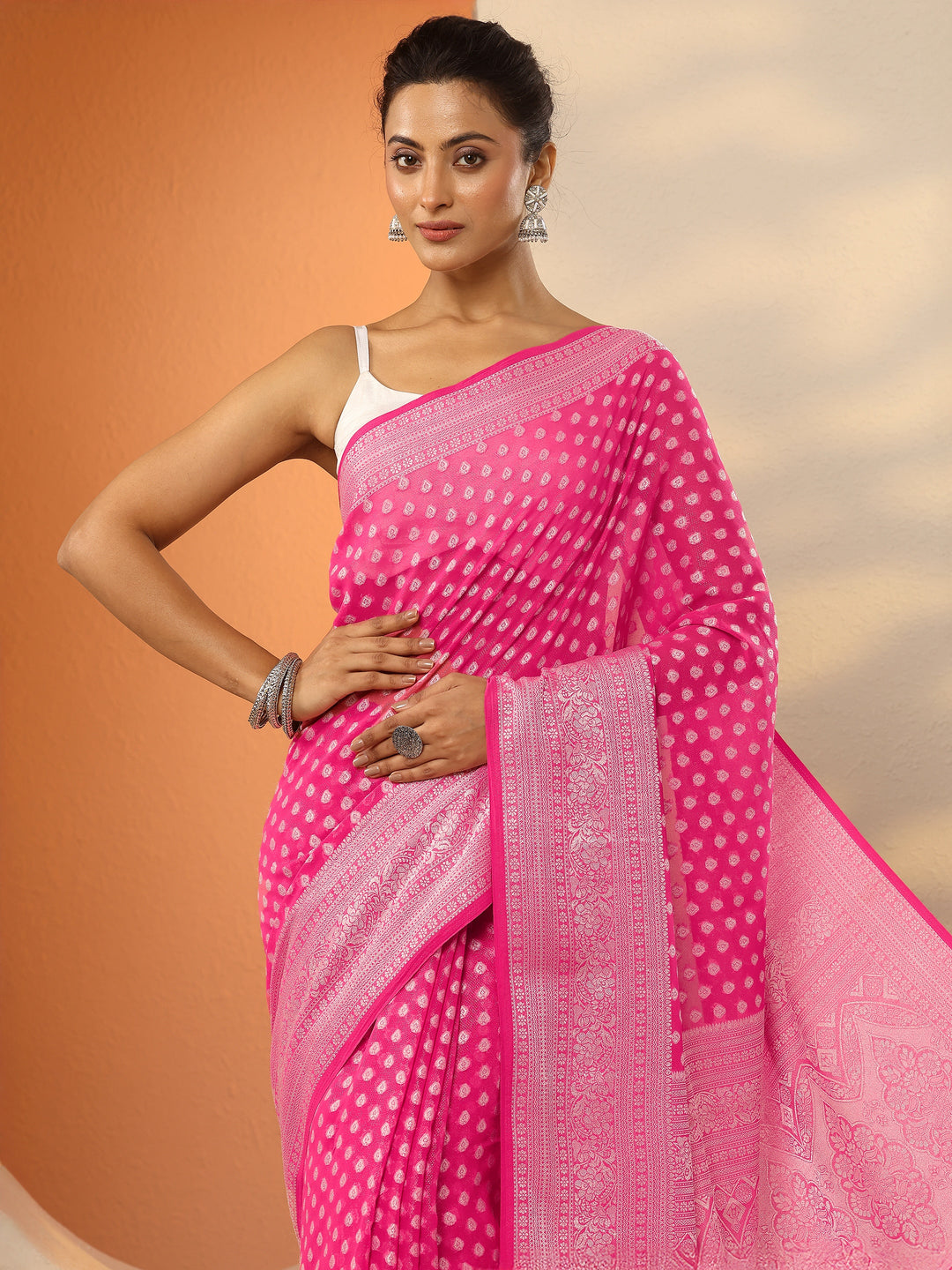  Pink Woven Design Pure Georgette Saree With Unstitched Blouse Piece 