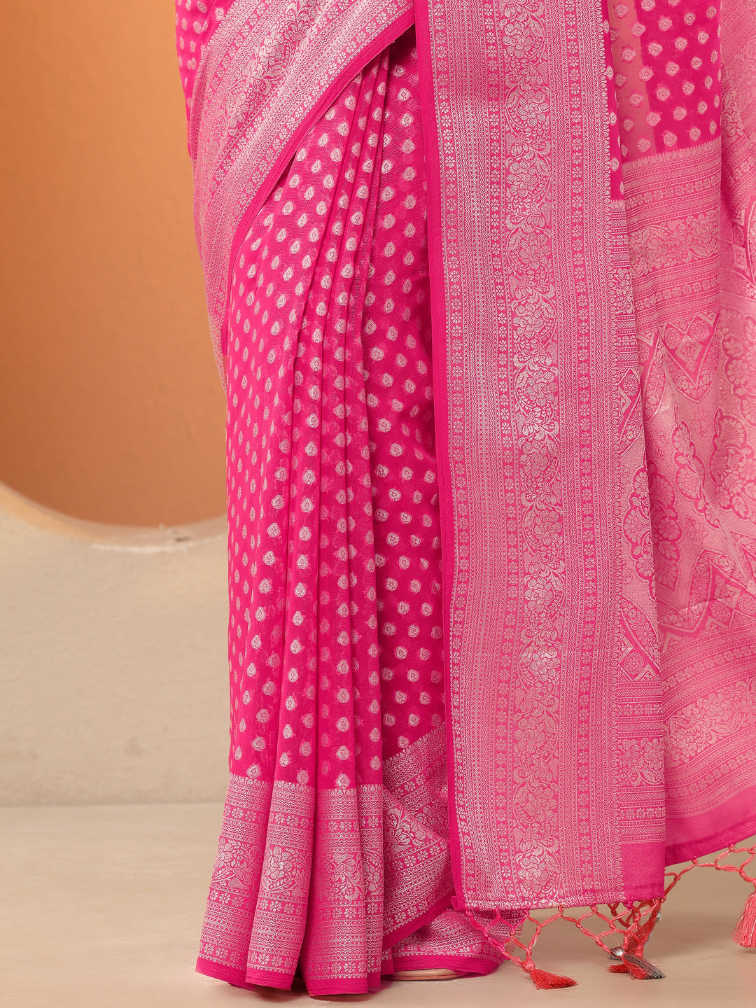  Pink Woven Design Pure Georgette Saree With Unstitched Blouse Piece 