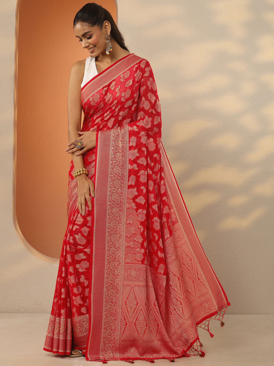  Red Woven Design Pure Georgette Saree With Unstitched Blouse Piece 