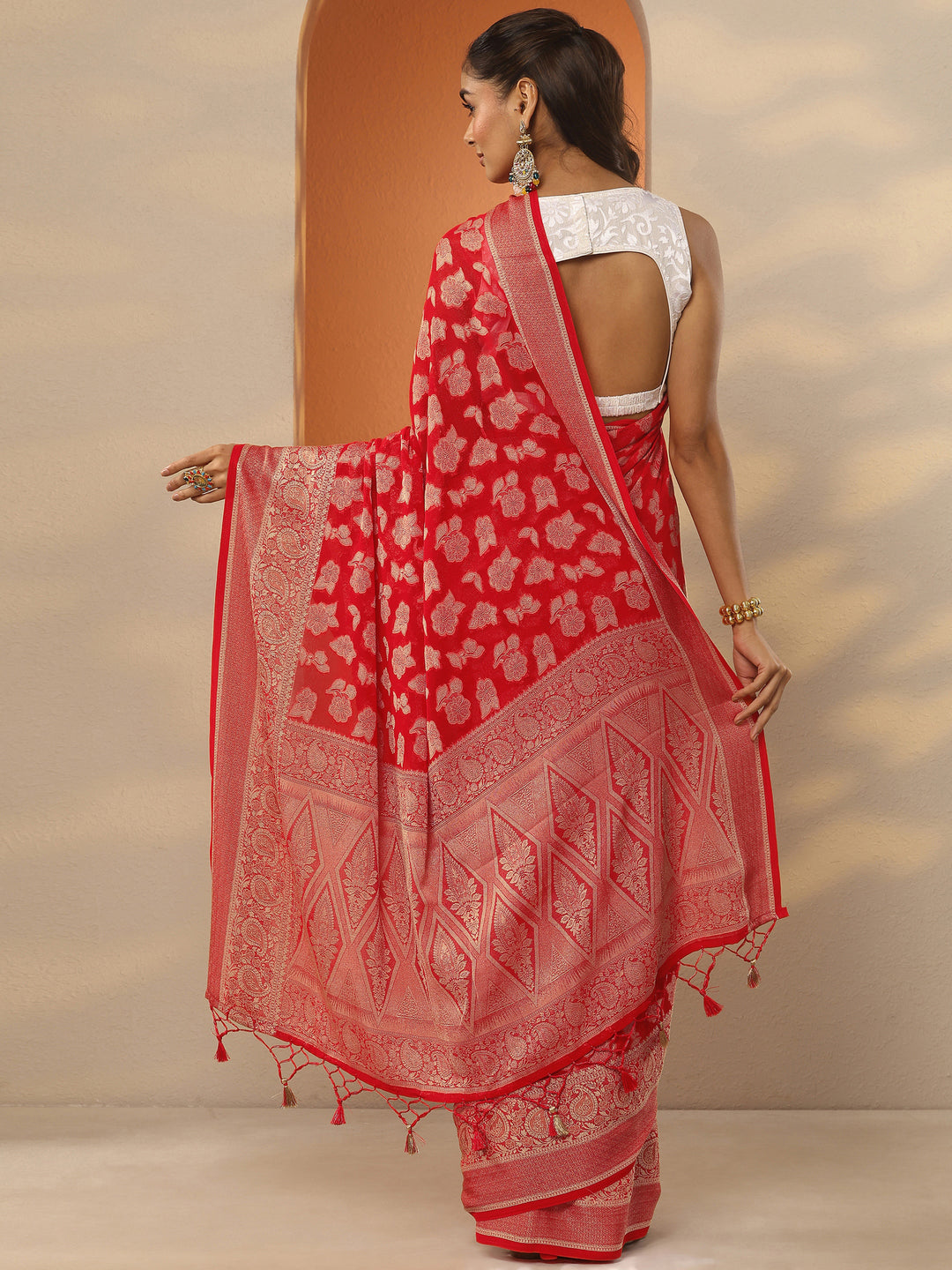  Red Woven Design Pure Georgette Saree With Unstitched Blouse Piece 