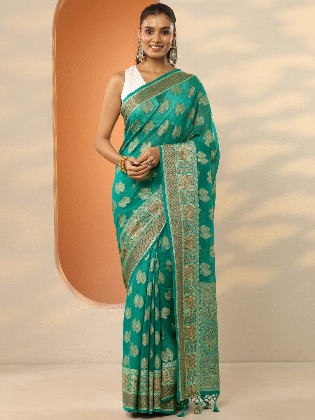  Green Woven Design Pure Georgette Saree With Unstitched Blouse Piece 