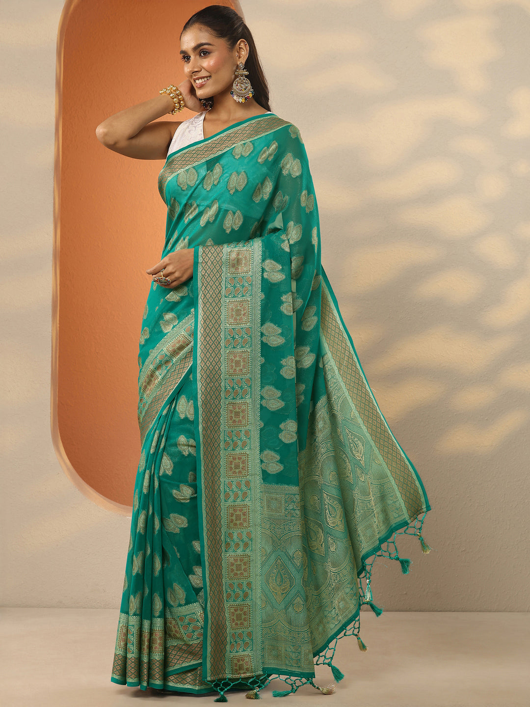  Green Woven Design Pure Georgette Saree With Unstitched Blouse Piece 